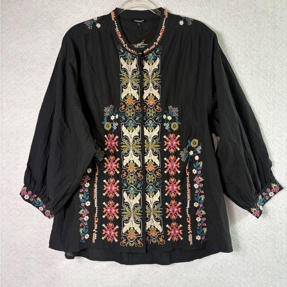 Tolani Tops - Tolani Black Tunic with Multicolor Floral Embroidery